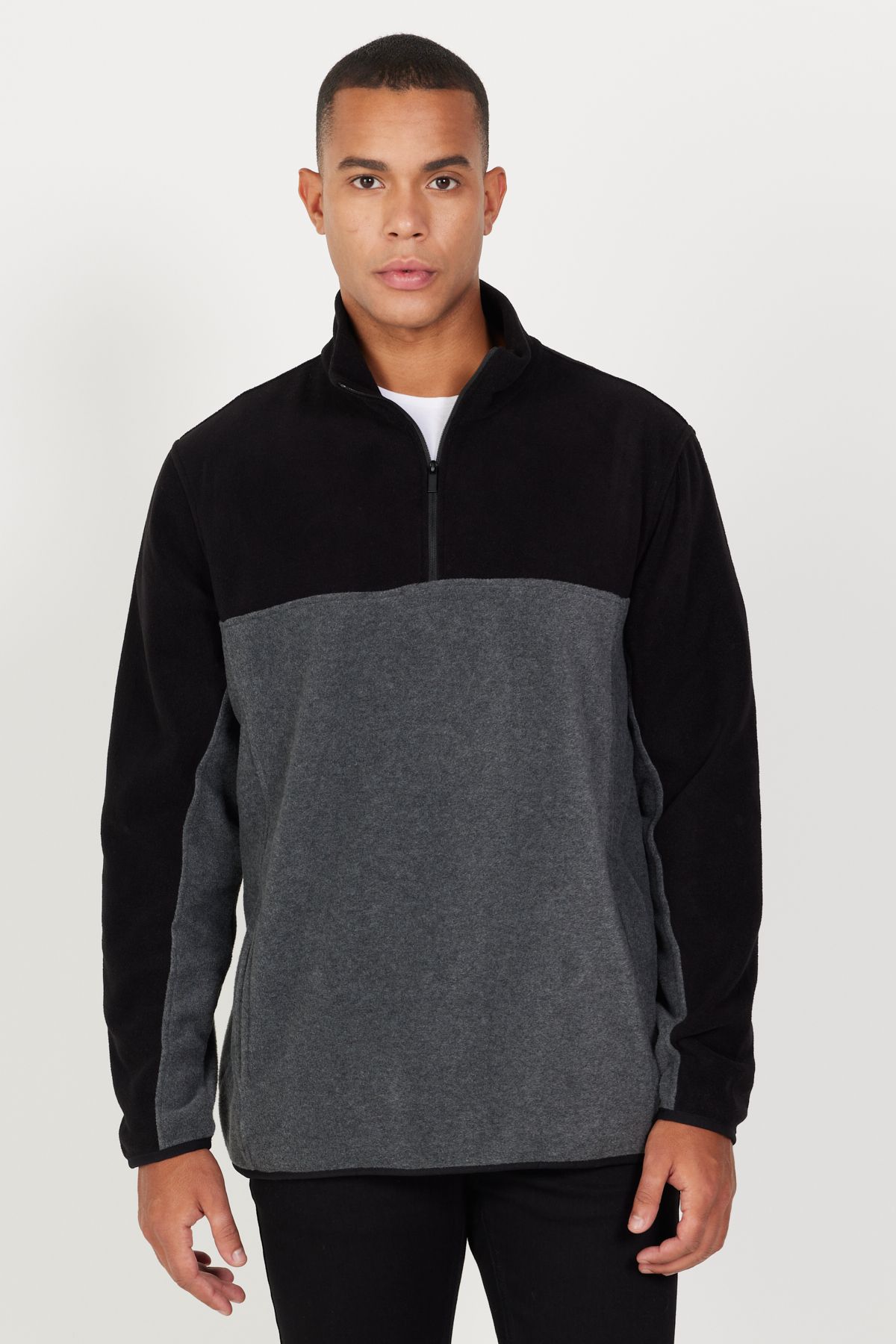 AC&Co / Altınyıldız Classics Erkek Siyah-antrasit Standart Fit Normal Kesim Günlük Rahat Çift Renkli Polar Spor Sweatshirt
