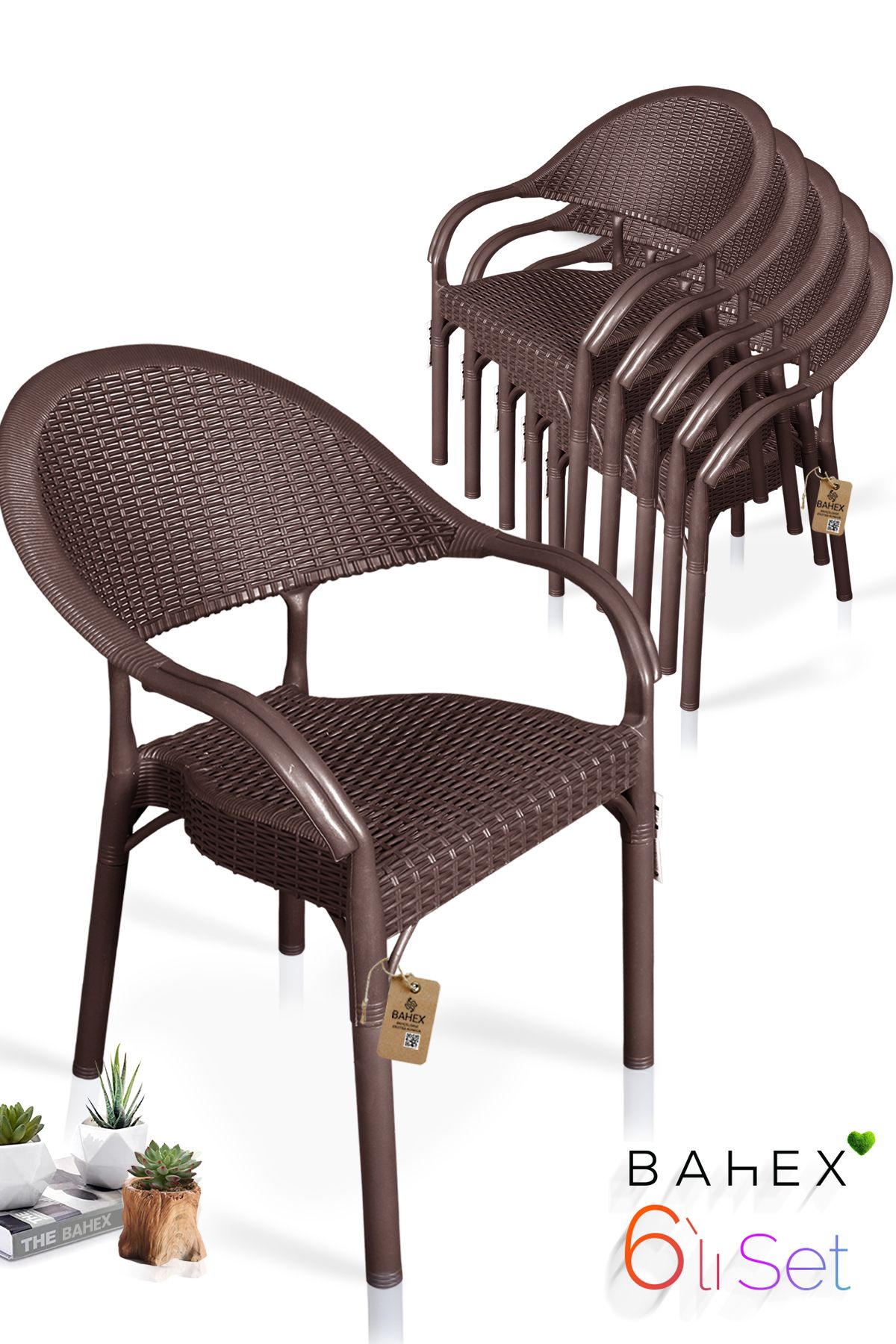 bahex 6'lı Bambu Rattan Kollu Sandalye Koltuk 6 Adet Dayanıklı Bahçe Sandalyesi Kahverengi