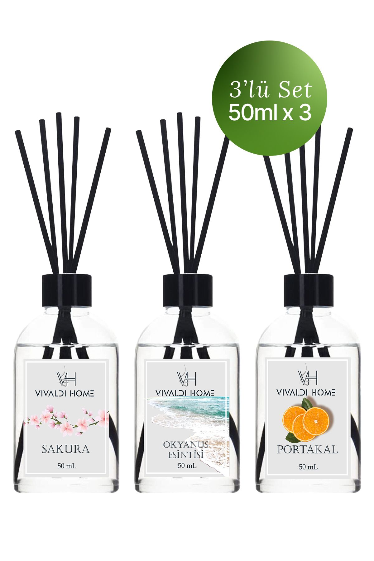 Vivaldi Home Sakura, Okyanus Esintisi, Portakal Çubuklu Oda Kokusu Esansiyel Uçucu Yağ 50 ml x 3'lü Set