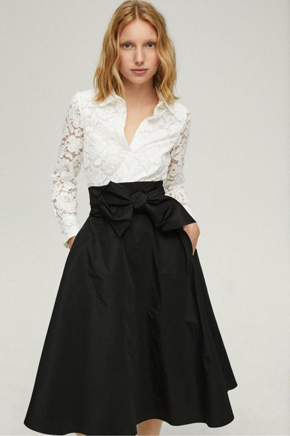 ONURBYGUSTO Üzeri Beyaz Dantel & Eteği Siyah Tafta Midi Gömlek Elbise