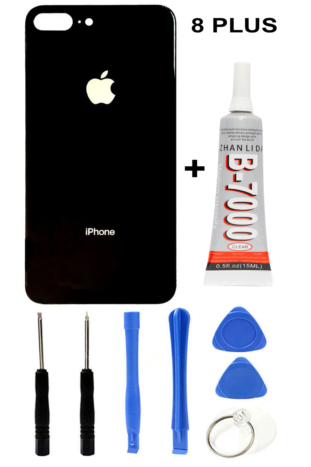 Ceykergsm Apple İphone 8 PLUS Arka Cam Kapak Batarya Pil Kapağı Siyah + Tamir Seti + Yapıştırıcı B7000 15ml