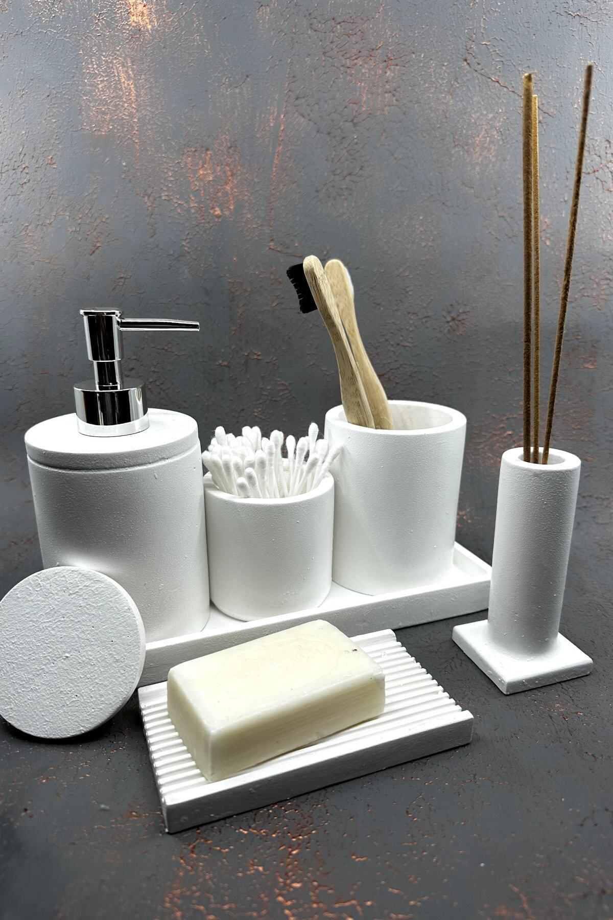 betonmall 7 Parça Banyo Seti Katı Sıvı Sabunluk Pamukluk Diş Fırçalığı Tütsülük Tepsi