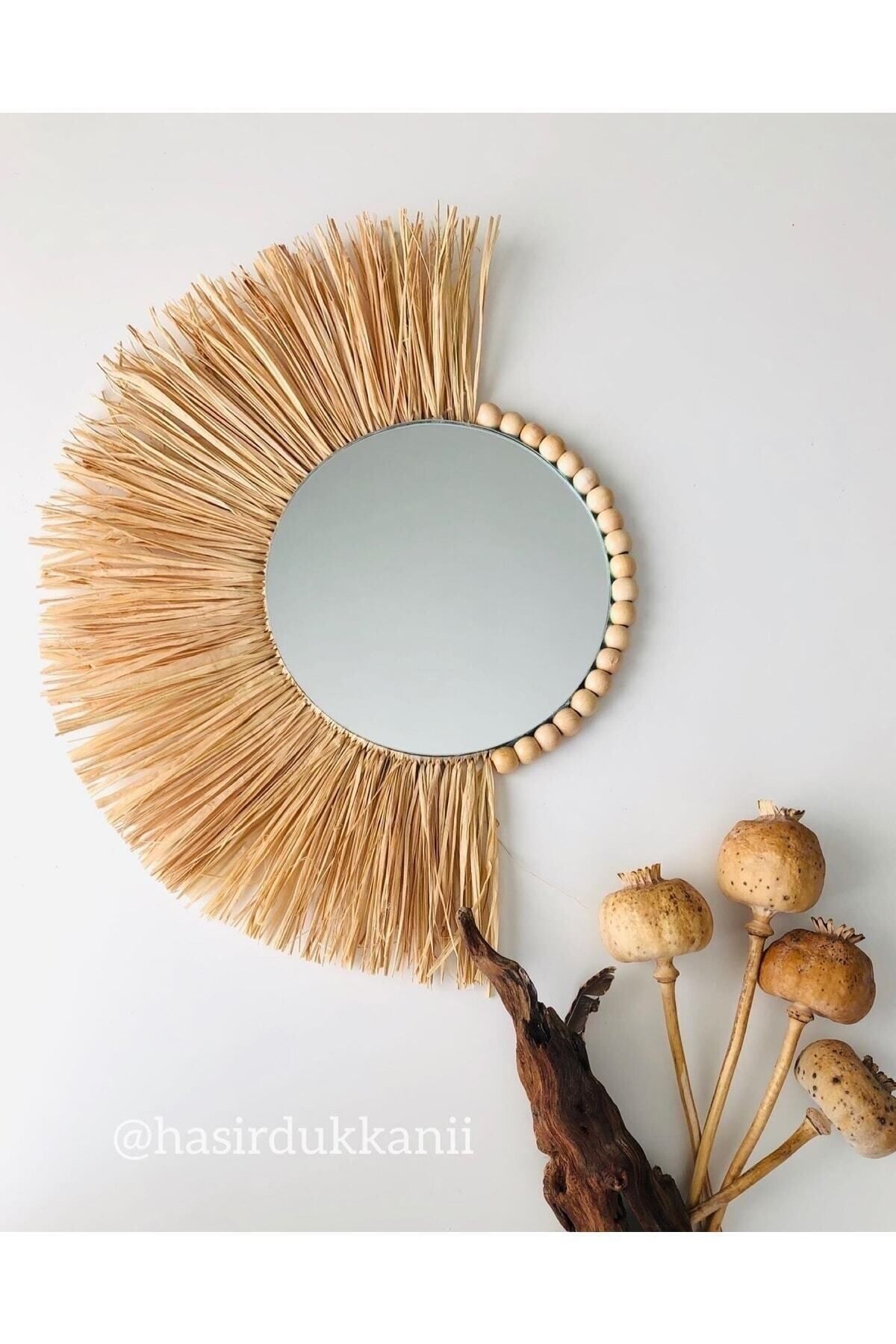 Hasirdukkanii El Yapımı Dekoratif Ayna Duvar Aynası Rafya Ayna Hasır Ayna