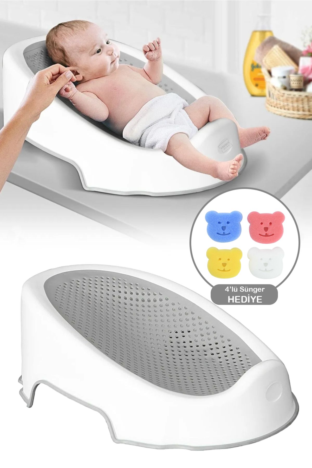 Meleni Home Soft Bebek Küveti – Silikon Fileli Bebek Yıkama Banyo Küveti Bebek Banyo Oturağı 4 Sünger Hediyeli