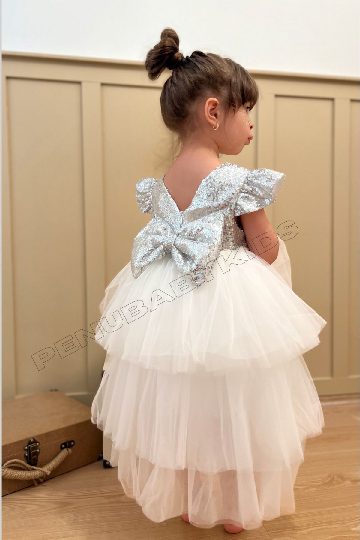 penu baby kids Beyaz Payetli Kısa Kol Tül Etekli Kız Bebek Elbise - Elizabeth