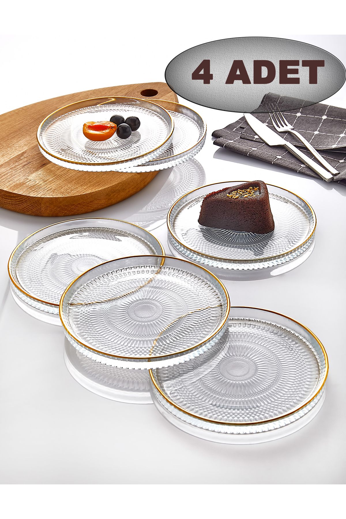 İLİVA 4 Parça Lüks Cam Pasta Servis Seti - Kahvaltılık Tabağı - Tatlı Sunum Tabağı - Gold Altın Yaldızlı