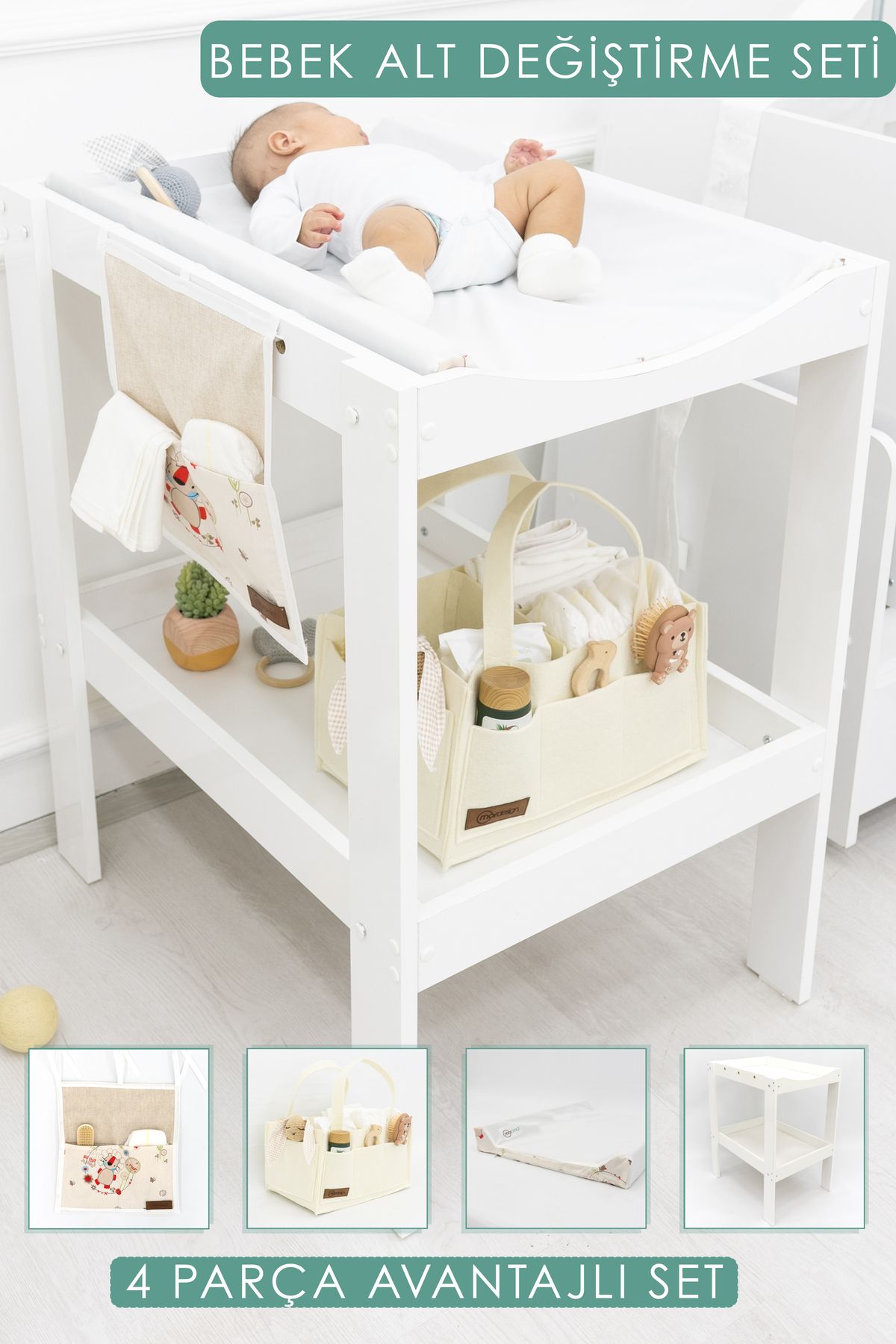 mordesign Bebek; 4'lü Avantajlı Set, Bebek Alt Değiştirme Masası, Pedi, Bağlamalı /sepet Organizer, Beyaz