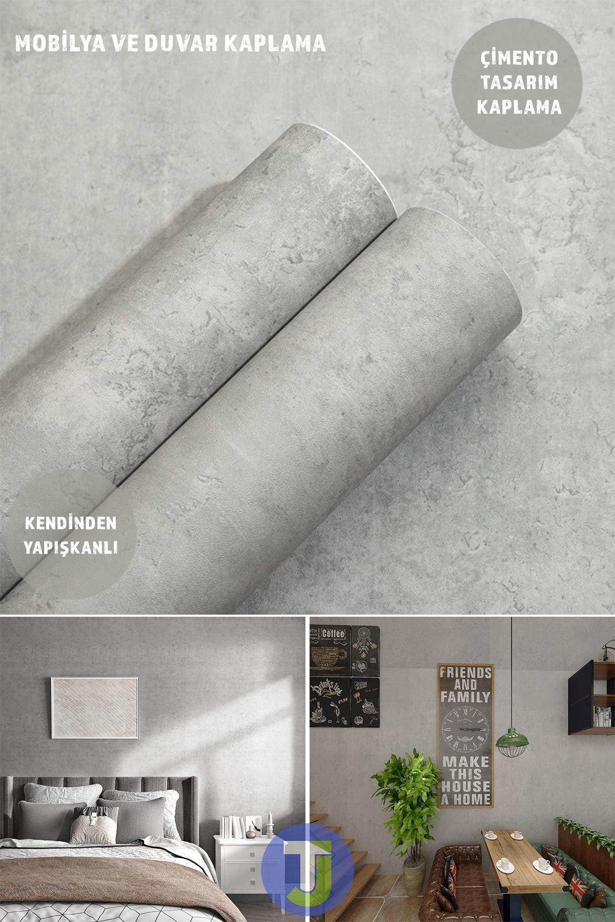 Technojet Kendinden yapışkanlı Çimento Görünümlü Mutfak Banyo Duvar Dolap Masa Kaplama 60cmX100cm