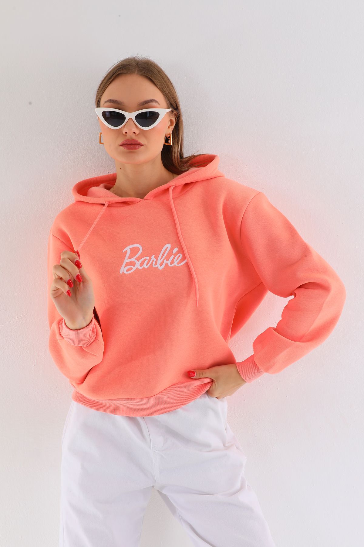 BİKELİFE Oversize Barbie Baskılı Kapüşonlu Kalın Pamuklu Sweatshirt