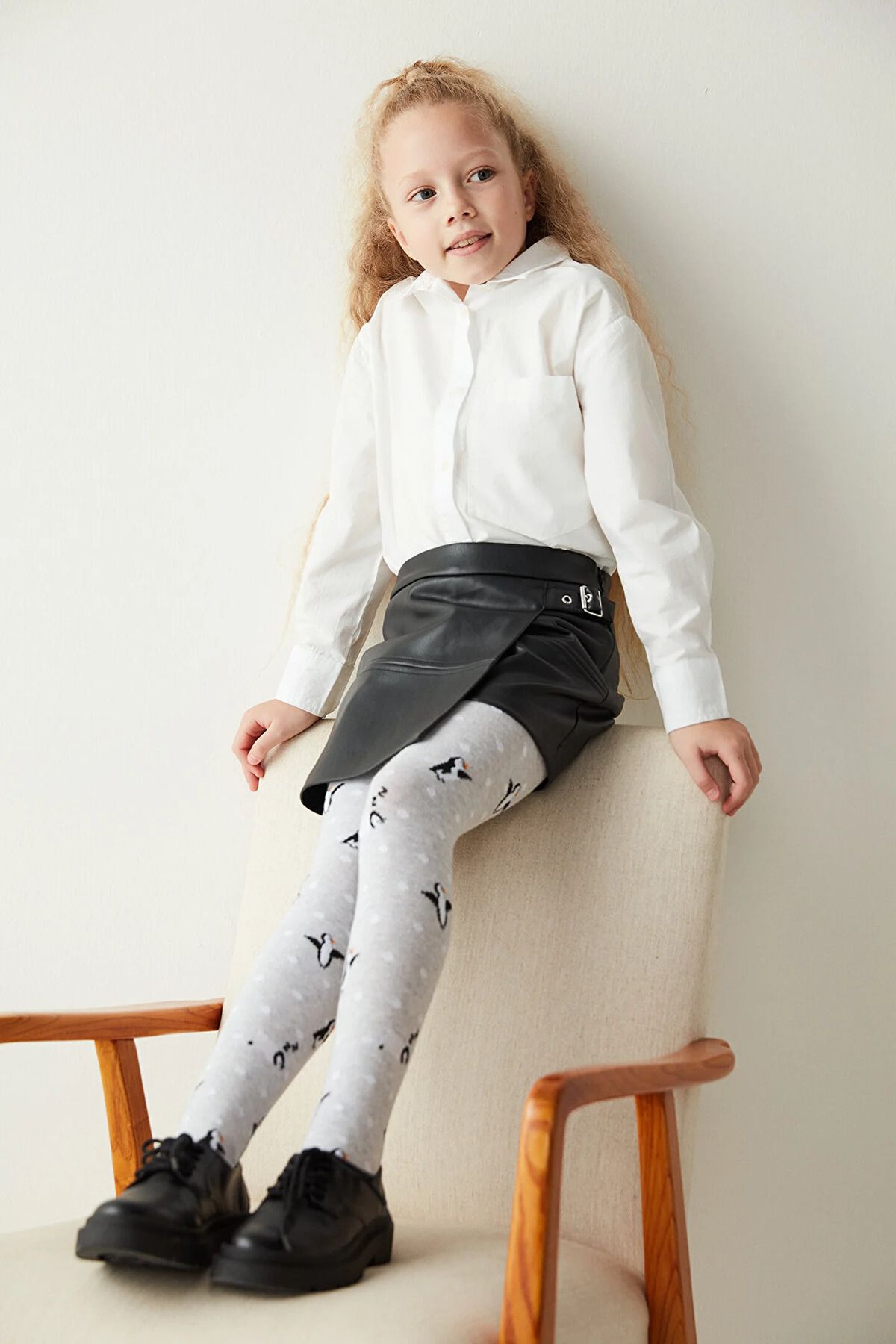 Penti Kız Çocuk Gri Penguen Desenli Triko Kalın Pamuklu Külotlu Çorap