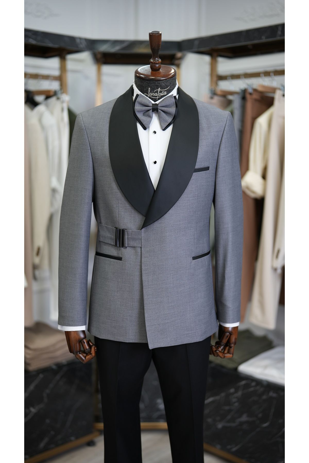 LONATOLİA Erkek Premium Tokalı Kruvaze Damatlık Slim Fit Italyan Stil Şal Yaka Ceket Pantolon Papyon
