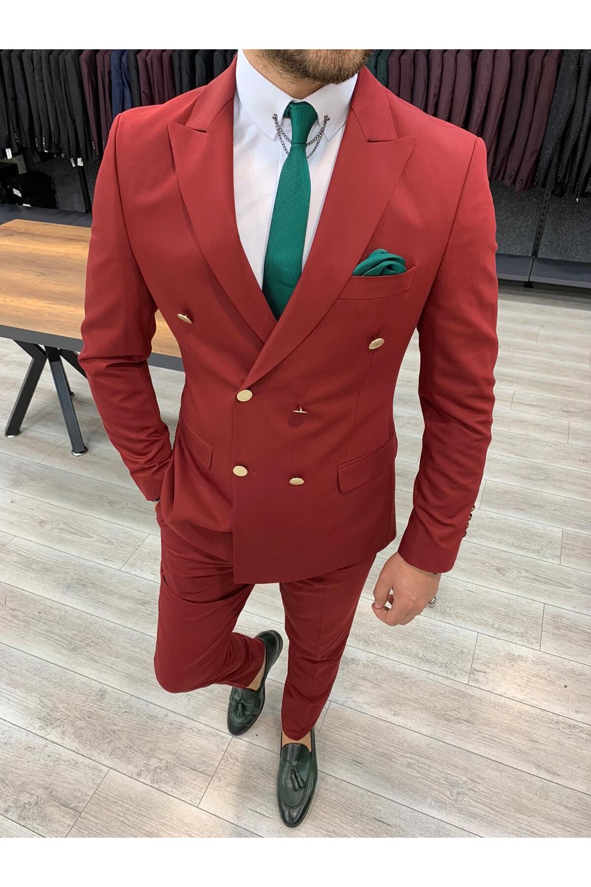 LONATOLİA Erkek Kruvaze Takım Elbise İtalyan Kesim Slim Fit Ceket Pantolon