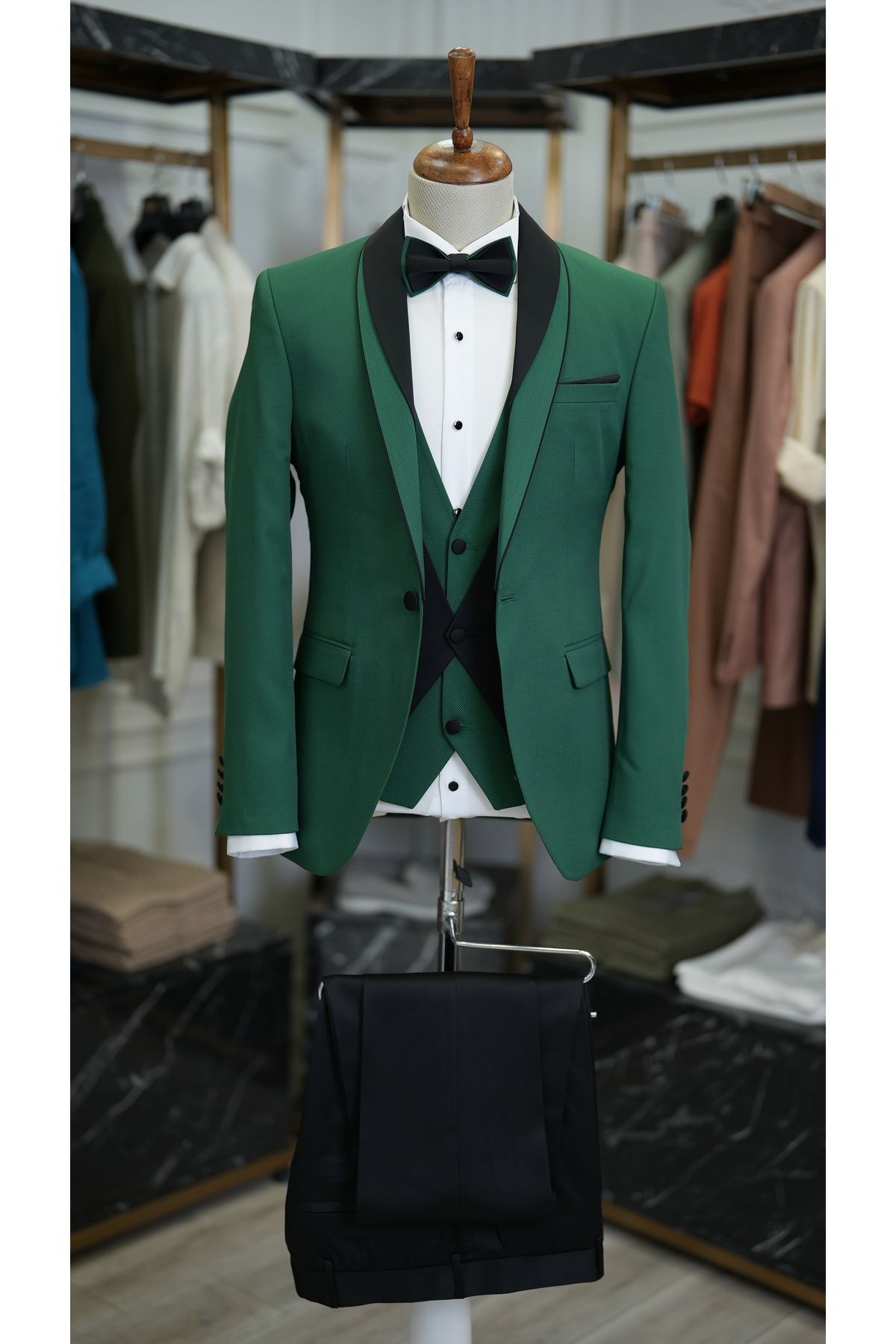 LONATOLİA Erkek Smokin Damatlık Şal Yaka İtalyan Kesim Slim Fit Ceket Yelek Pantolon Papyon-Yeşil