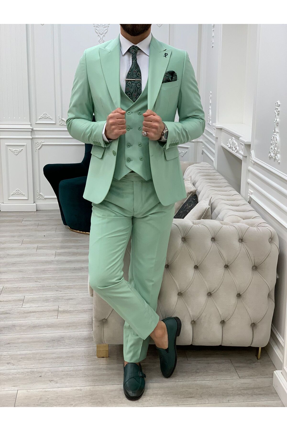 LONATOLİA Erkek Takım Elbise Kırlangıç Yaka İtalyan Kesim Slim Fit Ceket Yelek Pantolon
