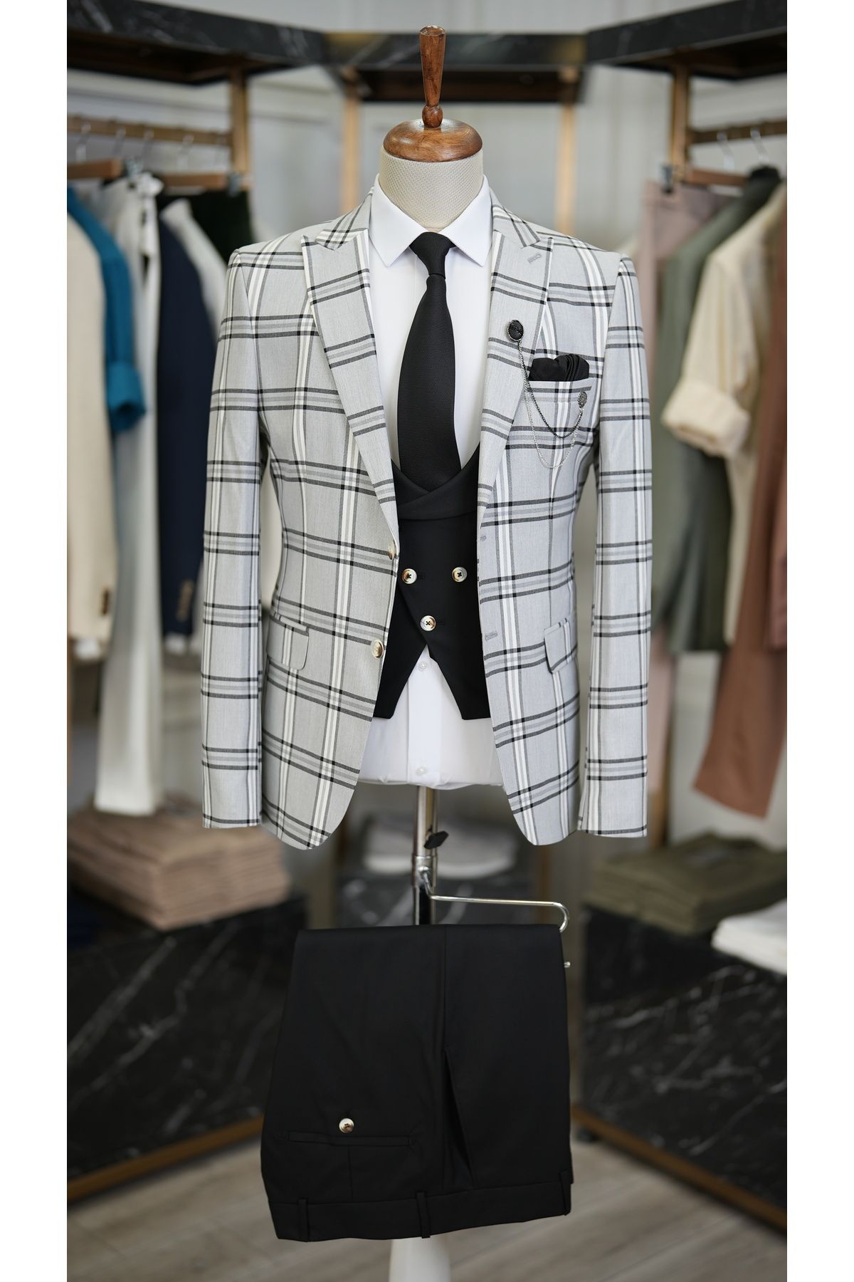 LONATOLİA Erkek Takım Elbise Kombinli İtalyan Kesim Slim Fit Ceket Yelek Pantolon-Gri