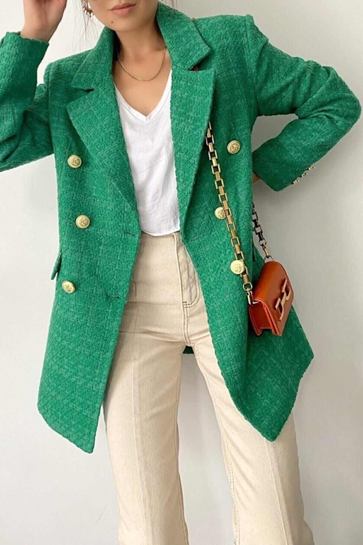ModaAzra Yeşil Gold Düğme Detay Kruvaze Tasarım Tüvit Ceket