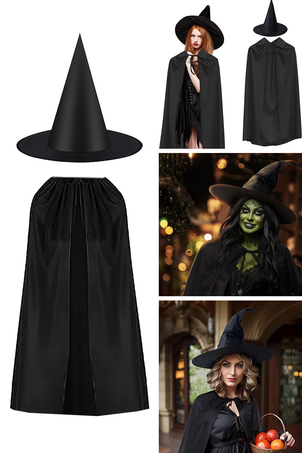 Parti Dolabı Halloween Cadı Şapkası Siyah Düz Pelerin Seti, Cadılar Bayramı Cadı Parti Kostüm Çoçuk Ve Yetişkin