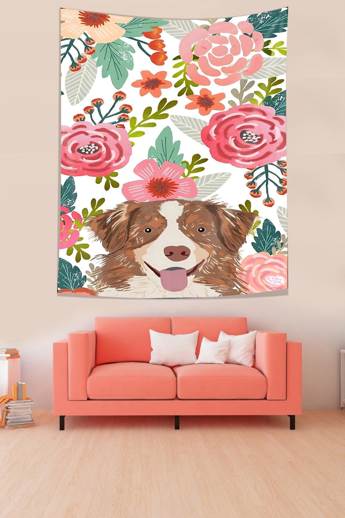 Pelangi Suluboya Çiçekler ve Sevimli Köpek Leke Tutmaz Kumaş Duvar Örtüsü Duvar Halısı Tapestry