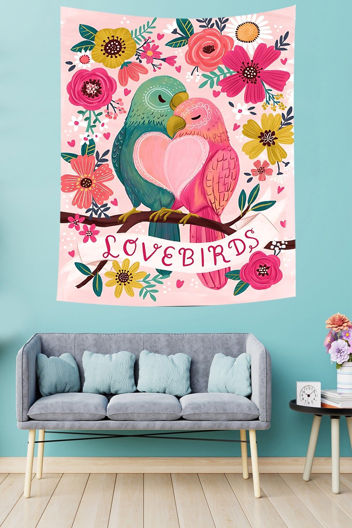 Pelangi Aşk Kuşları ve Çiçek Temalı Leke Tutmaz Kumaş Duvar Örtüsü Duvar Halısı Tapestry