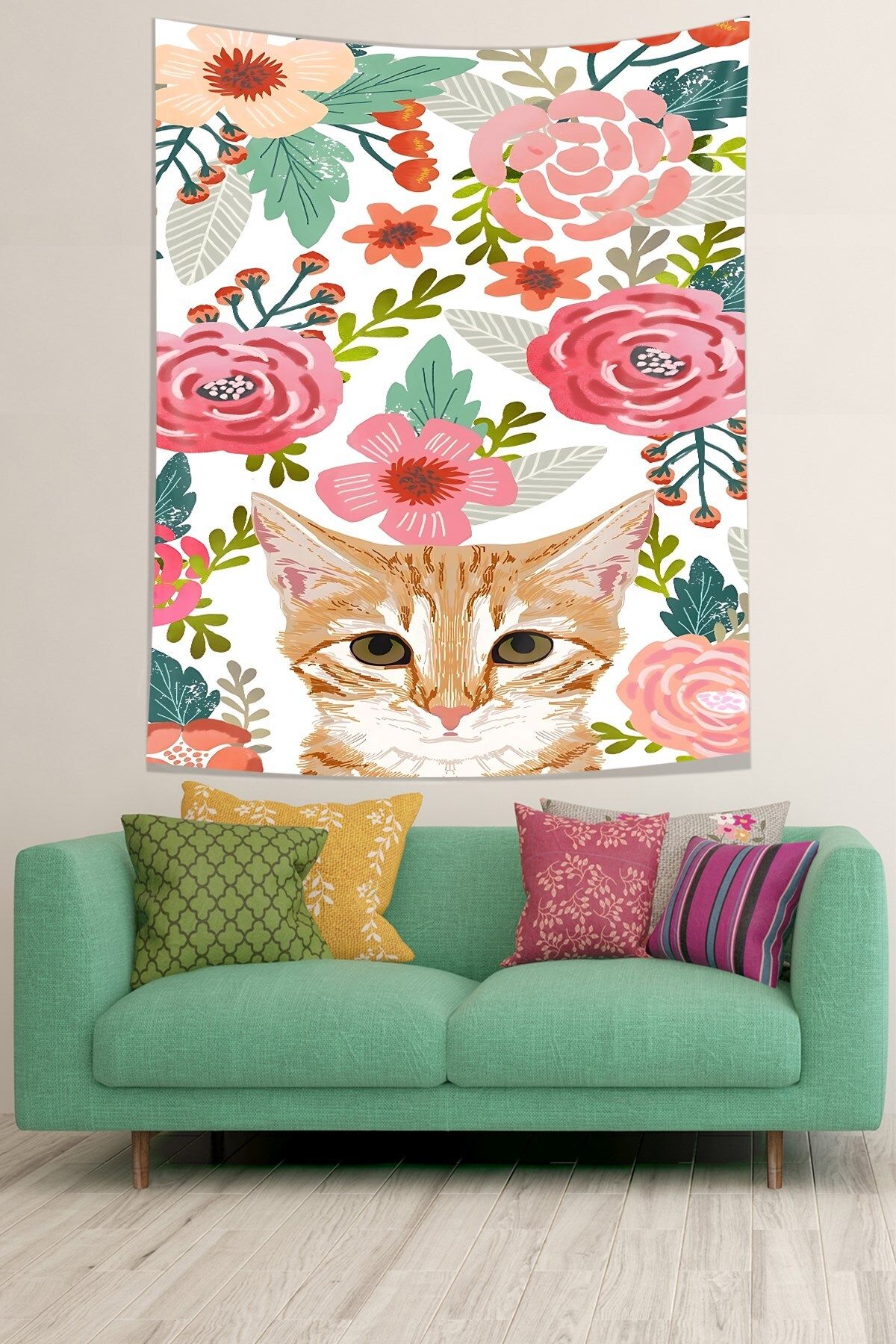 Pelangi Suluboya Çiçekler ve Sevimli Kedi Leke Tutmaz Kumaş Duvar Örtüsü Duvar Halısı Tapestry