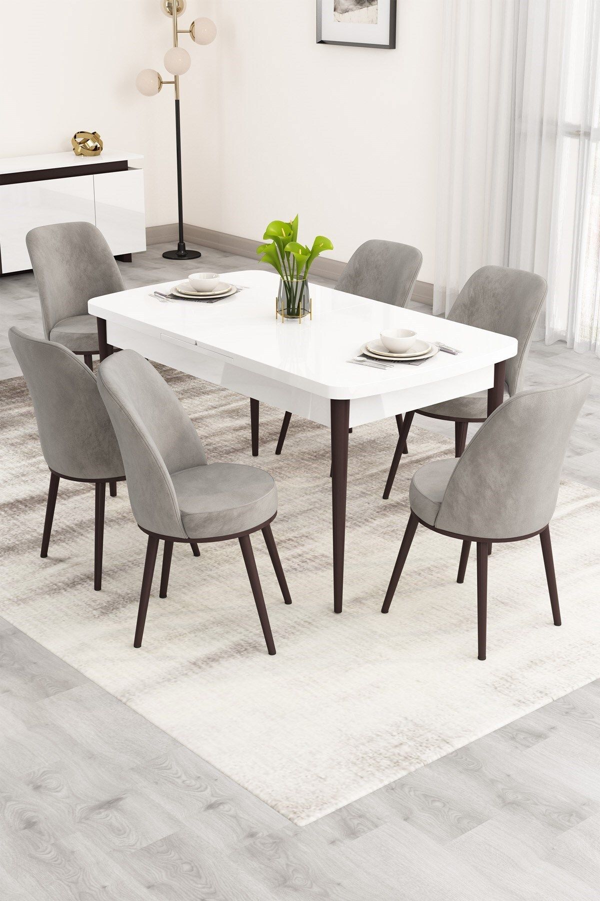 Canisa Nix Serisi Açılabilir 70x114 Beyaz Masa Ceviz Ayak Mutfak Masası Takımı ve 6 Gri Sandalye