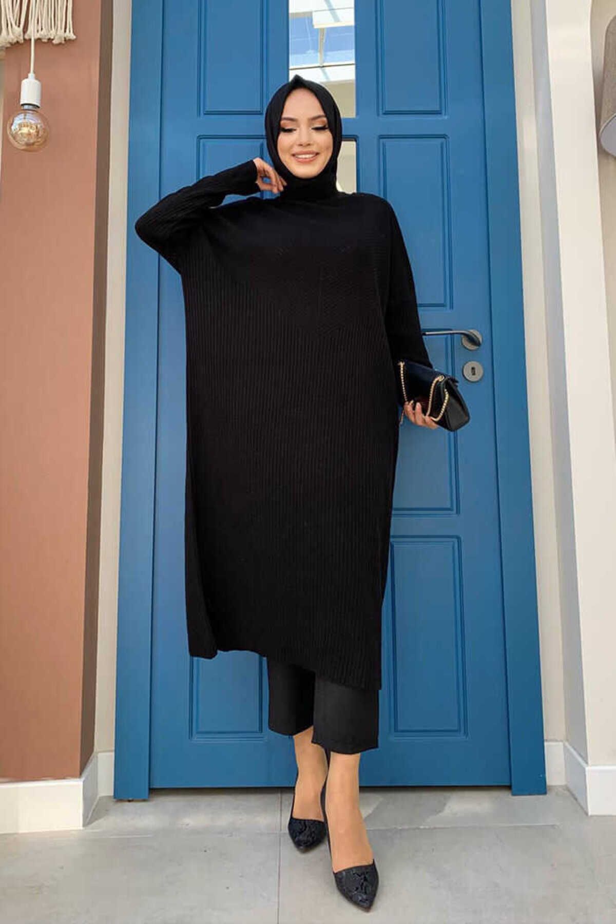 Bym Fashion 4340 Fitilli Triko Tunik Siyah