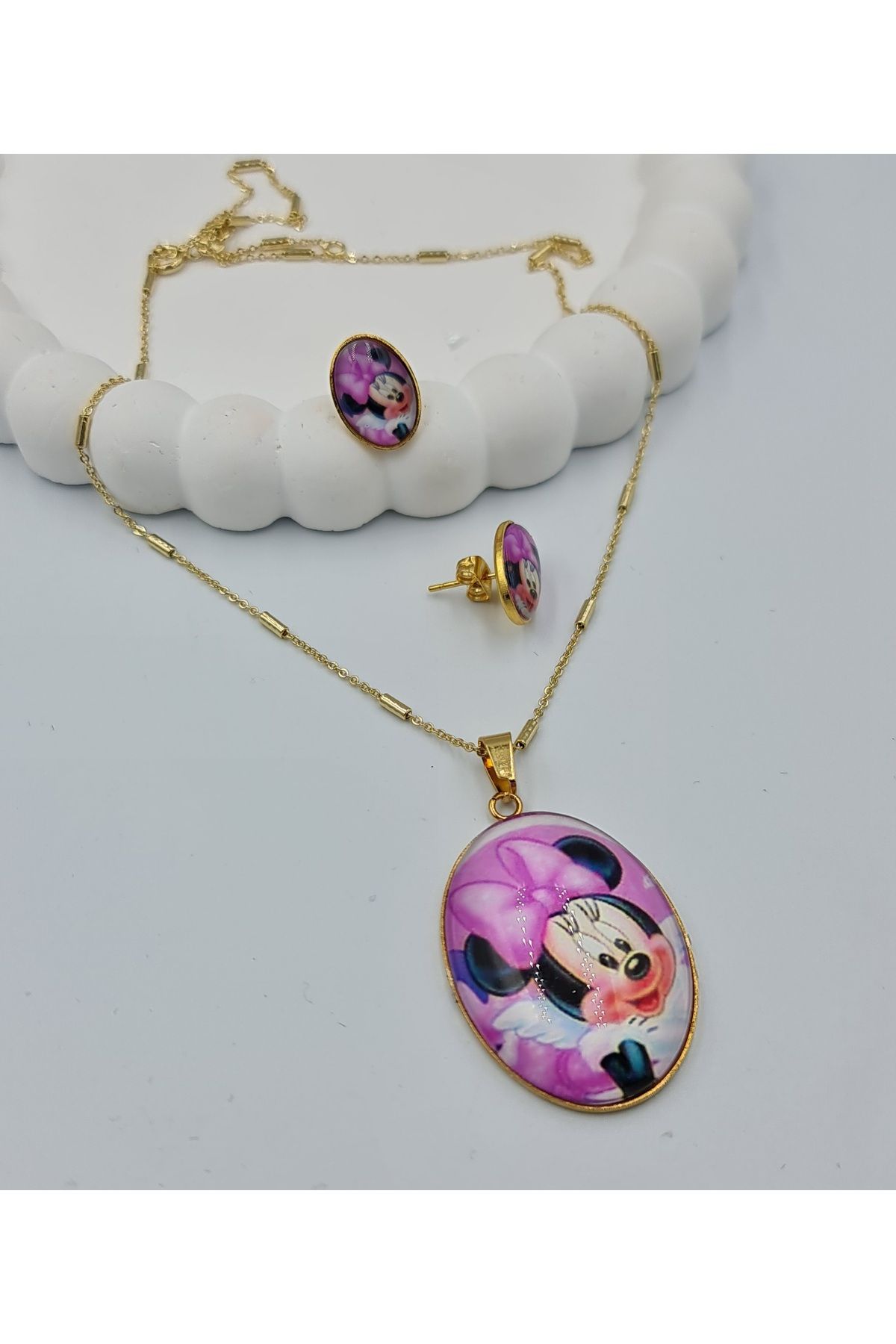 SE Jewellery Altın Renginde Çelik Mini Ve Mickey Mause Çocuk Takı Seti