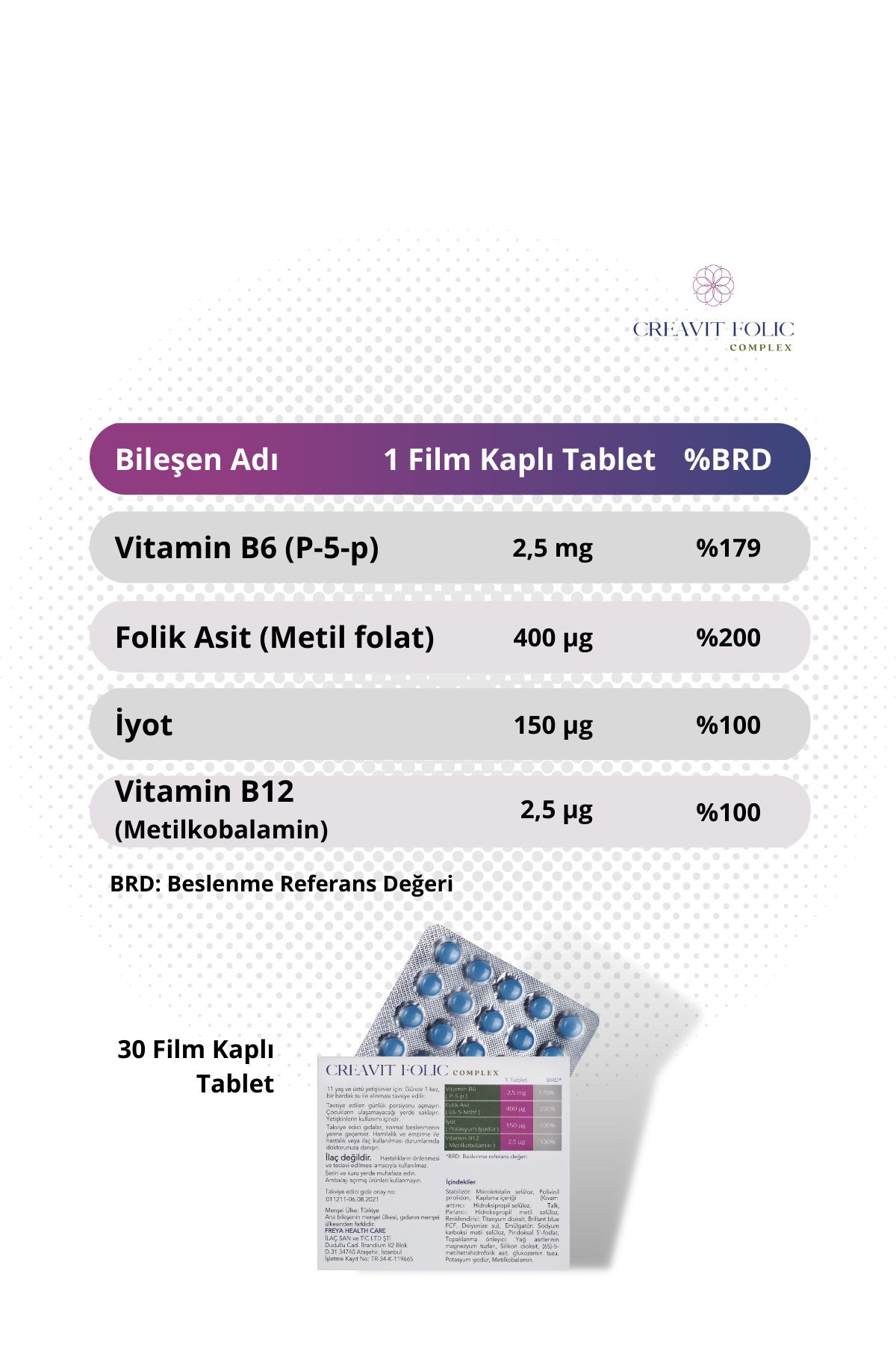 Creavit Folic Complex (400 mcg Folik Asit+B6+B12 Vitamini+İyot) 30 Film Kaplı Tablet x 3 Adet