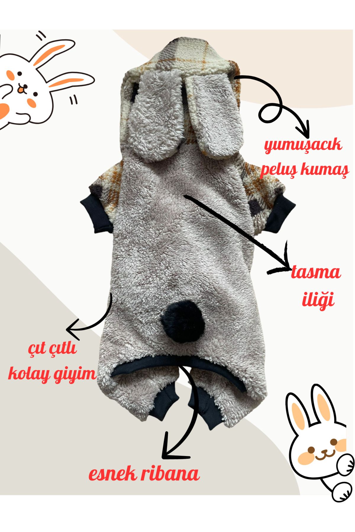 Barneystore Kedi Köpek Peluş Kulaklı Tavşan Tulum (Çıt Çıtlı)
