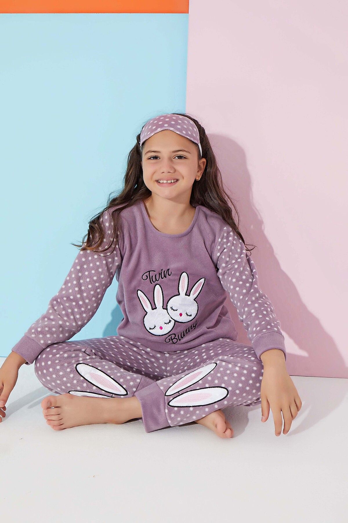 Meba Kız Çocuk Garson Boy Twin Tavşan Desen Lila Polar Pijama Takımı 2372