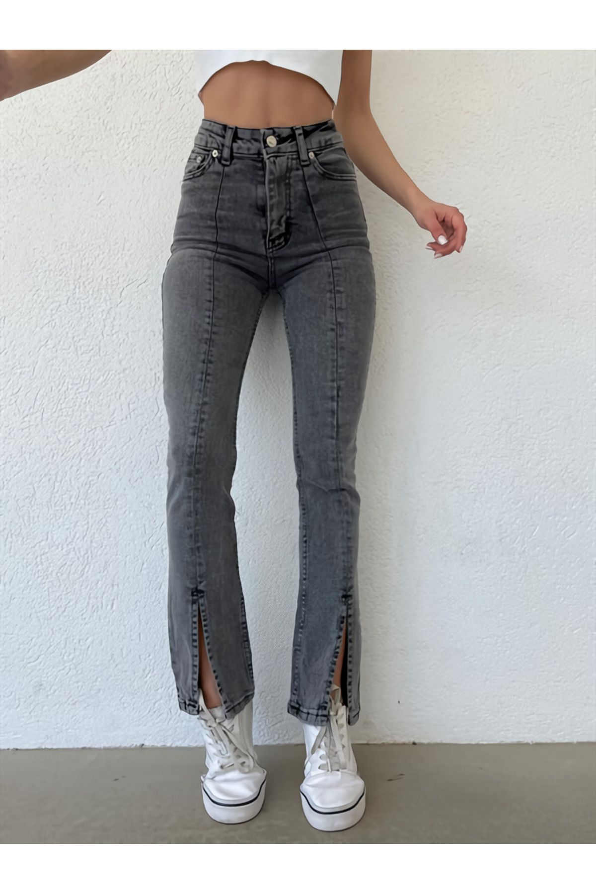 LİMABEL Kadın Füme Yüksek Bel Ön Yırtmaçlı Jeans İspanyol Paça Kot Pantolon