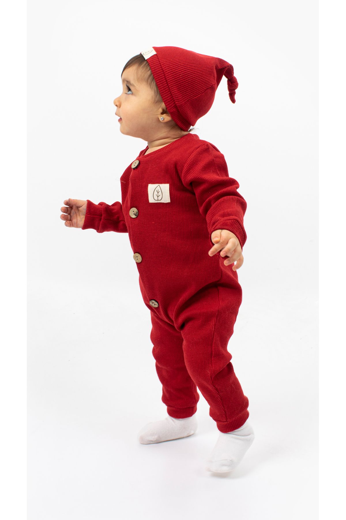 Bubito Unisex Tahta Düğme Görselli Şapkalı Şık Bebek Tulum-kırmızı