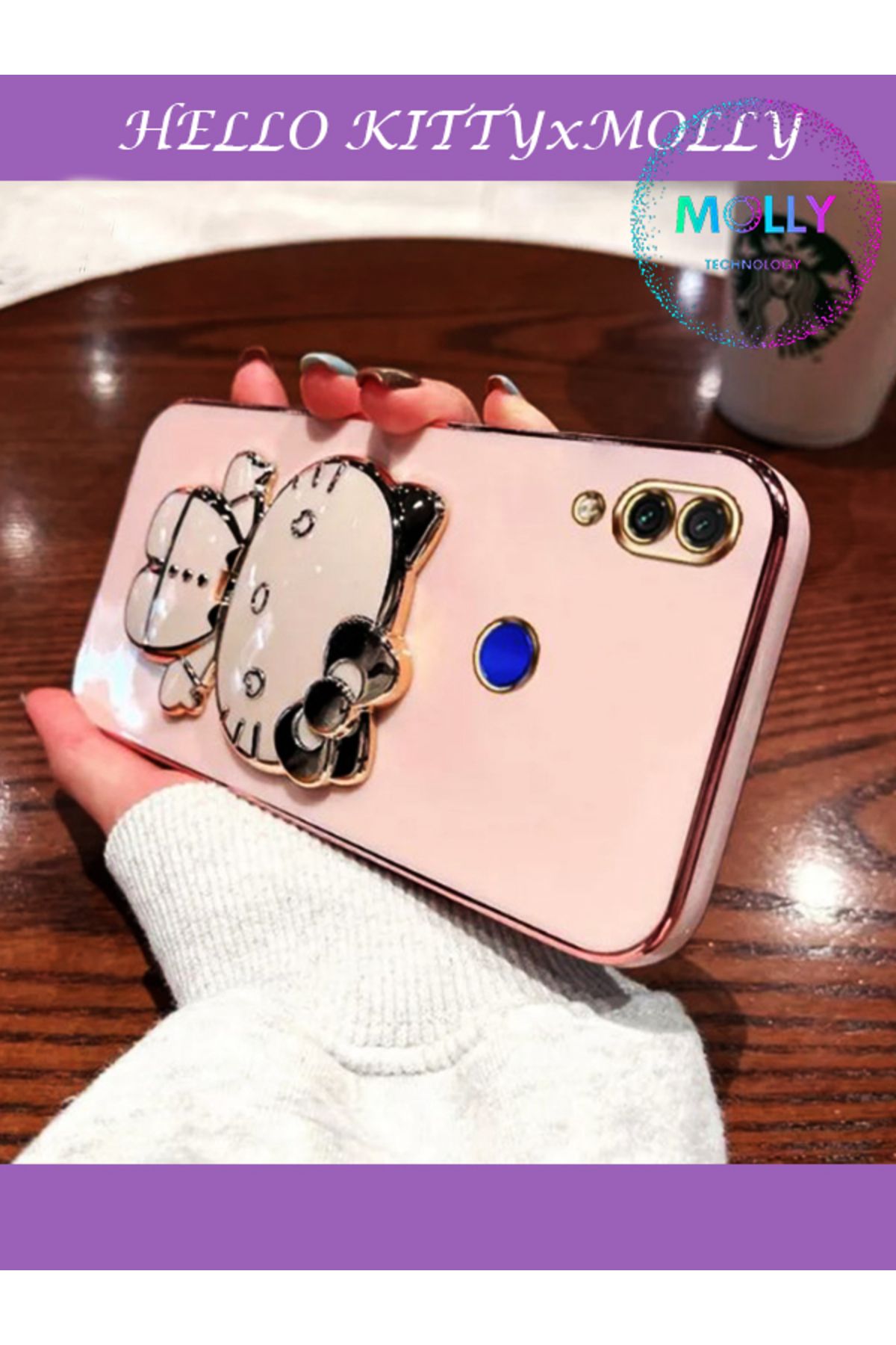 Molly Technology Huawei P Smart 2019 İçin Rose Hello Kitty Standlı Kenarları Gold Detaylı Lüks Silikon Kılıf