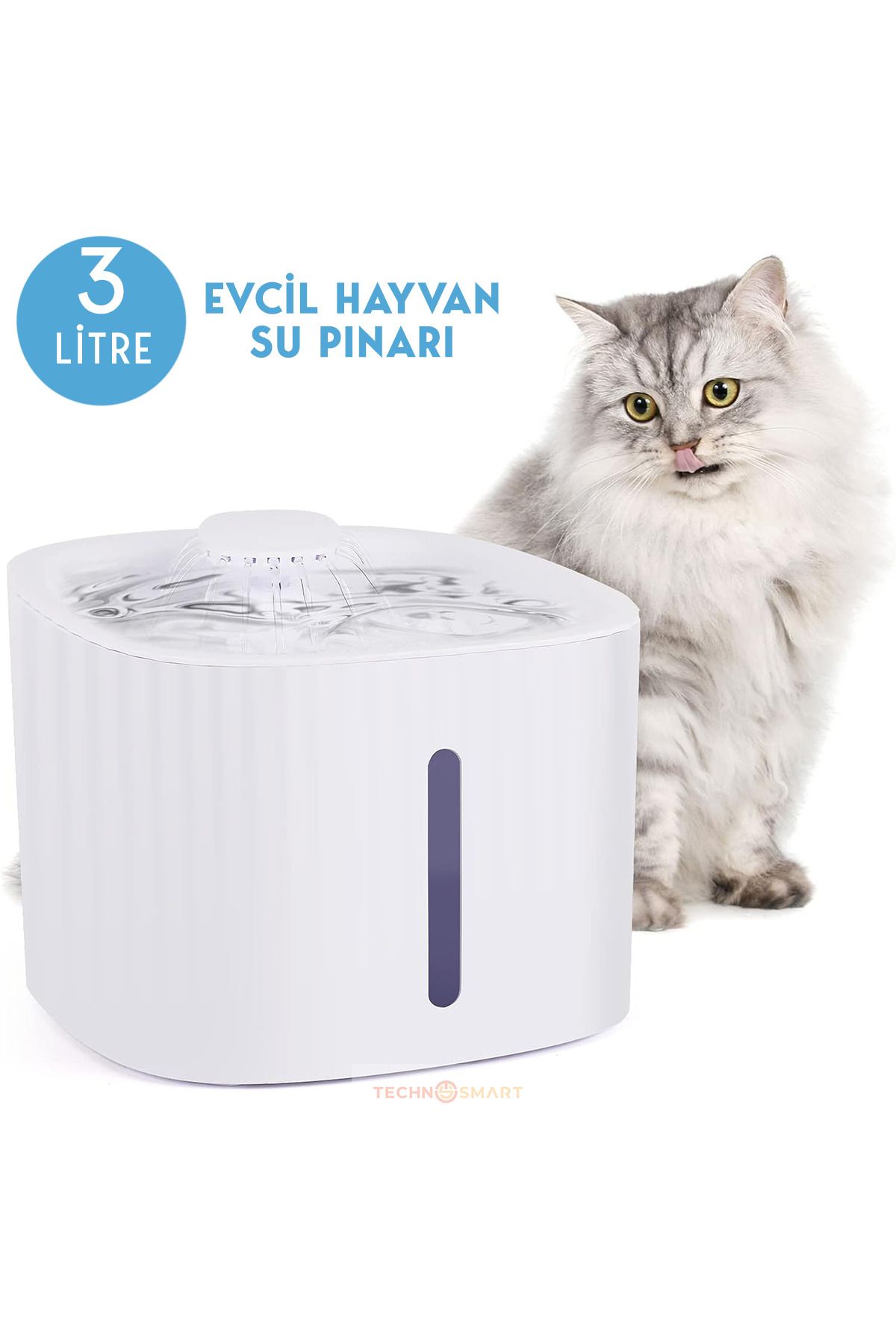 TechnoSmart Kedi Köpek Su Çeşmesi Su Pınarı Kabı 3 Lt. Seviye Göstergeli 2 Farklı Su Akışlı