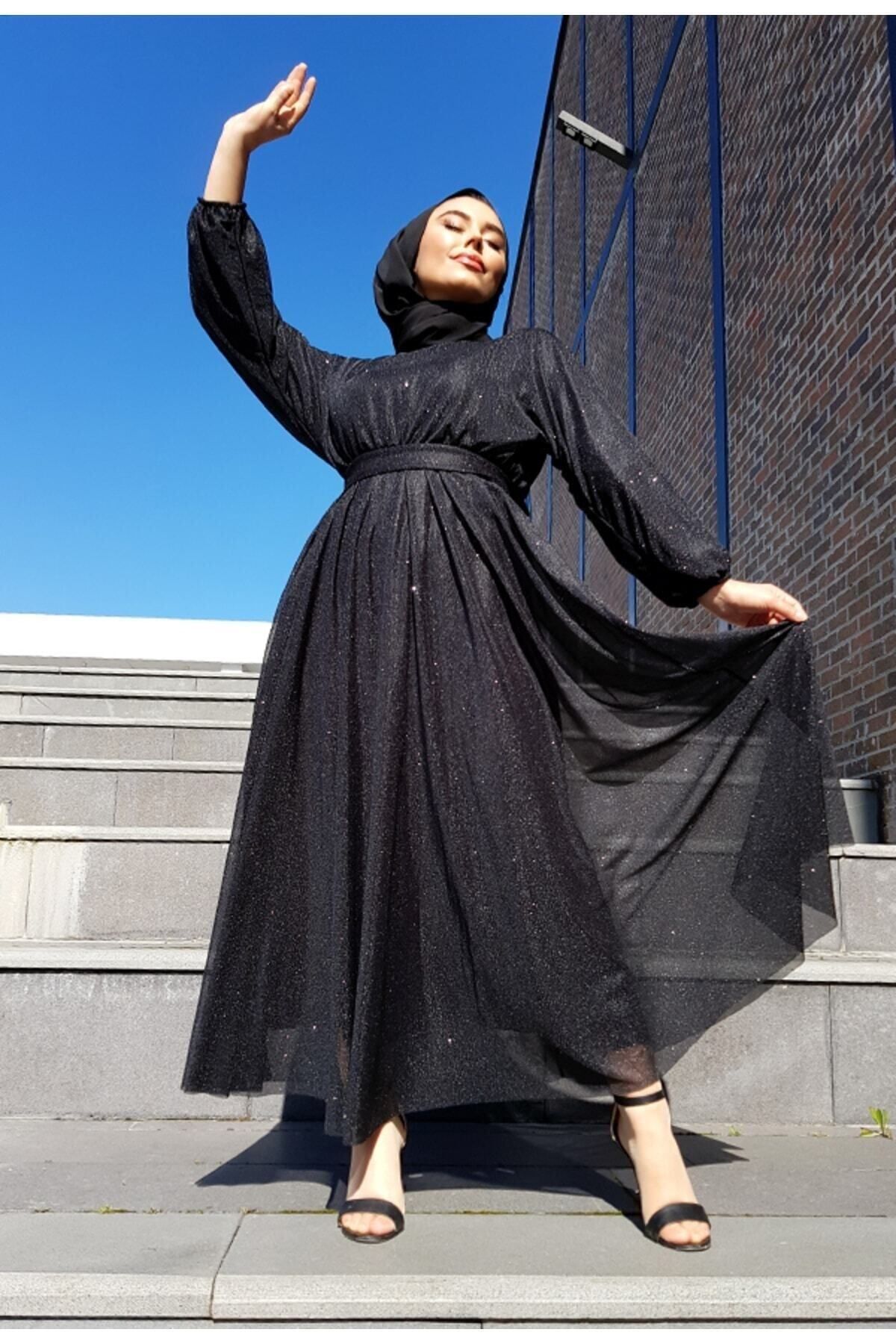 MY DREAM Simli Belden Kuşaklı Siyah Tesettür Abiye Elbise