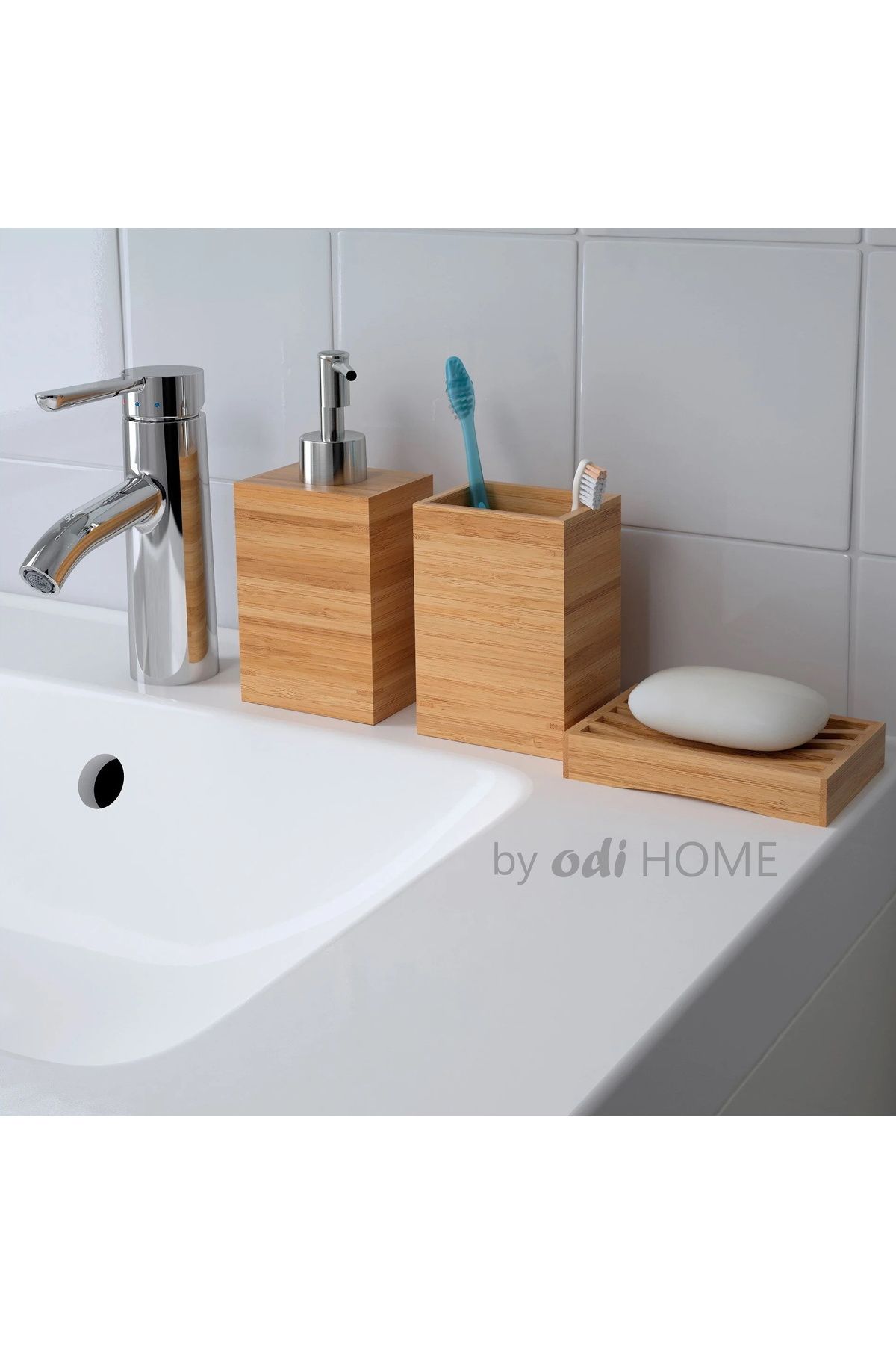 IKEA 3'lü Bambu Banyo Seti - Sıvı Sabunluk, Diş Fırçalık, Katı Sabunluk