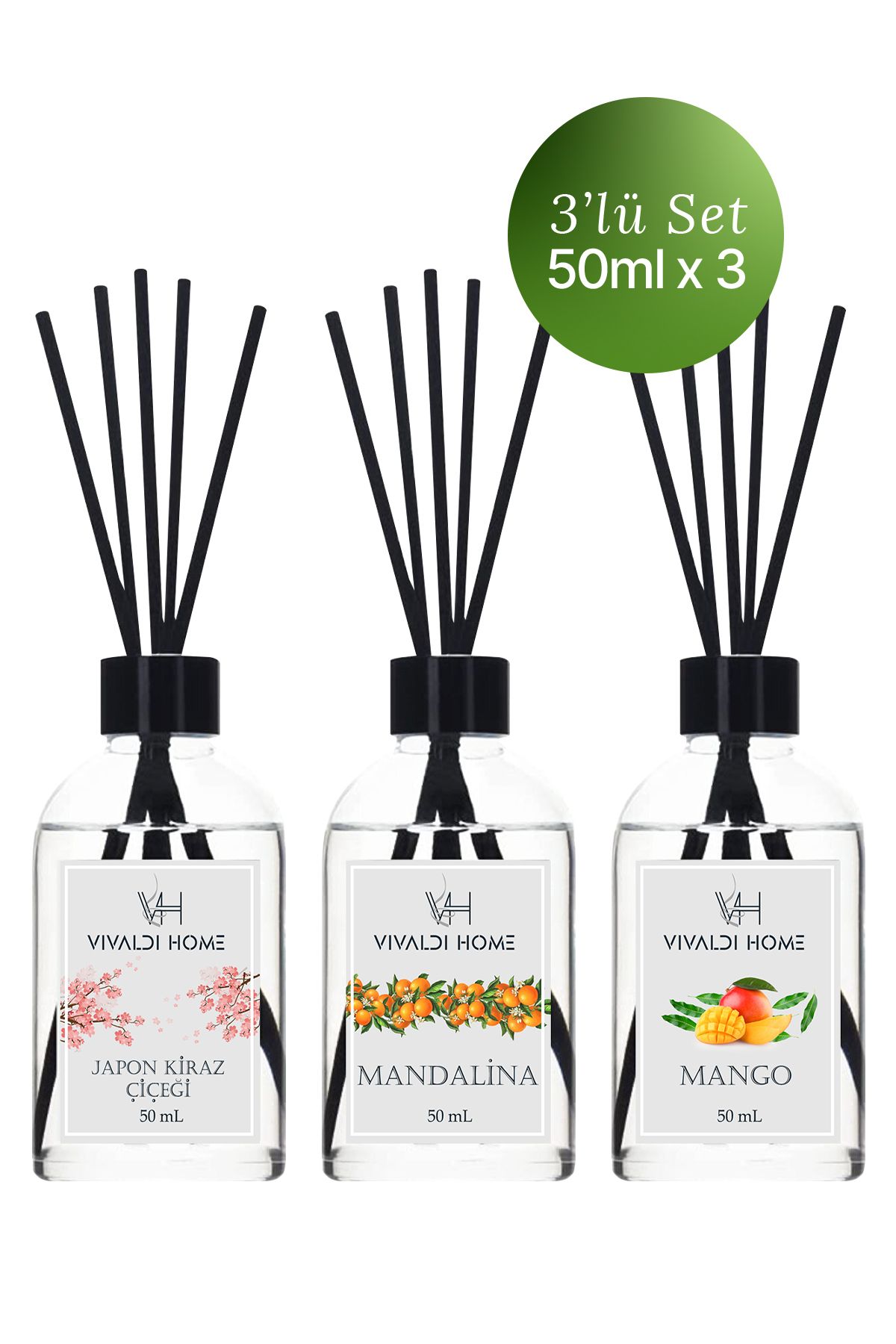 Vivaldi Home Japon Kiraz Çiçeği, Mandalina, Mango Çubuklu Oda Kokusu Esansiyel Uçucu Yağ 50 ml x 3'lü Set