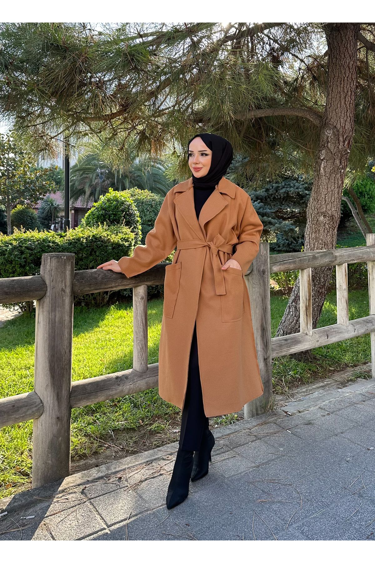 moda periy kadın modest basic tarz mevsimlik kışlık kap Torba Cepli kuşaklı Tesettür Kaşe Kaban