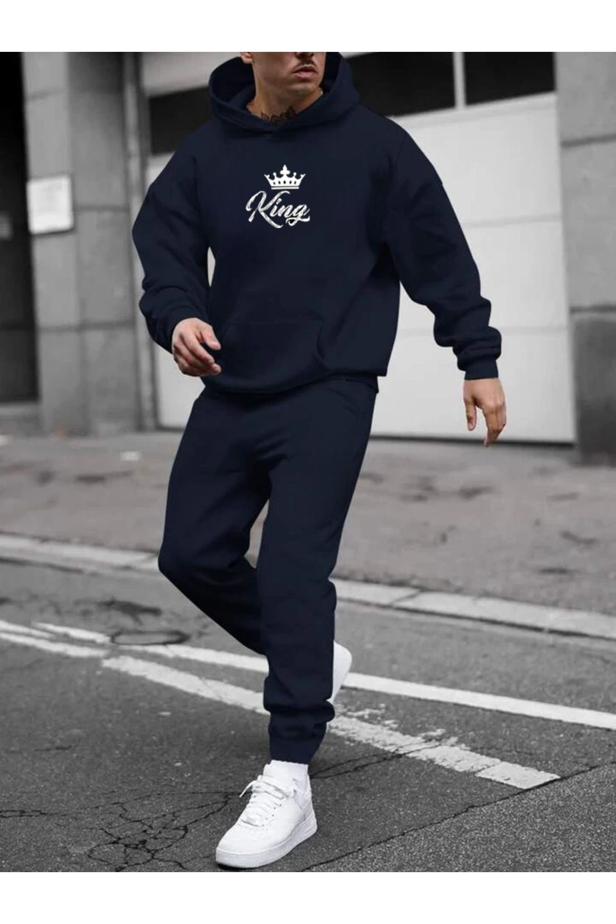 CLAYES King Taç Eşofman Takımı Sweatshirt Jogger - Lacivert Baskılı Oversize Şardonlu Kapüşonlu