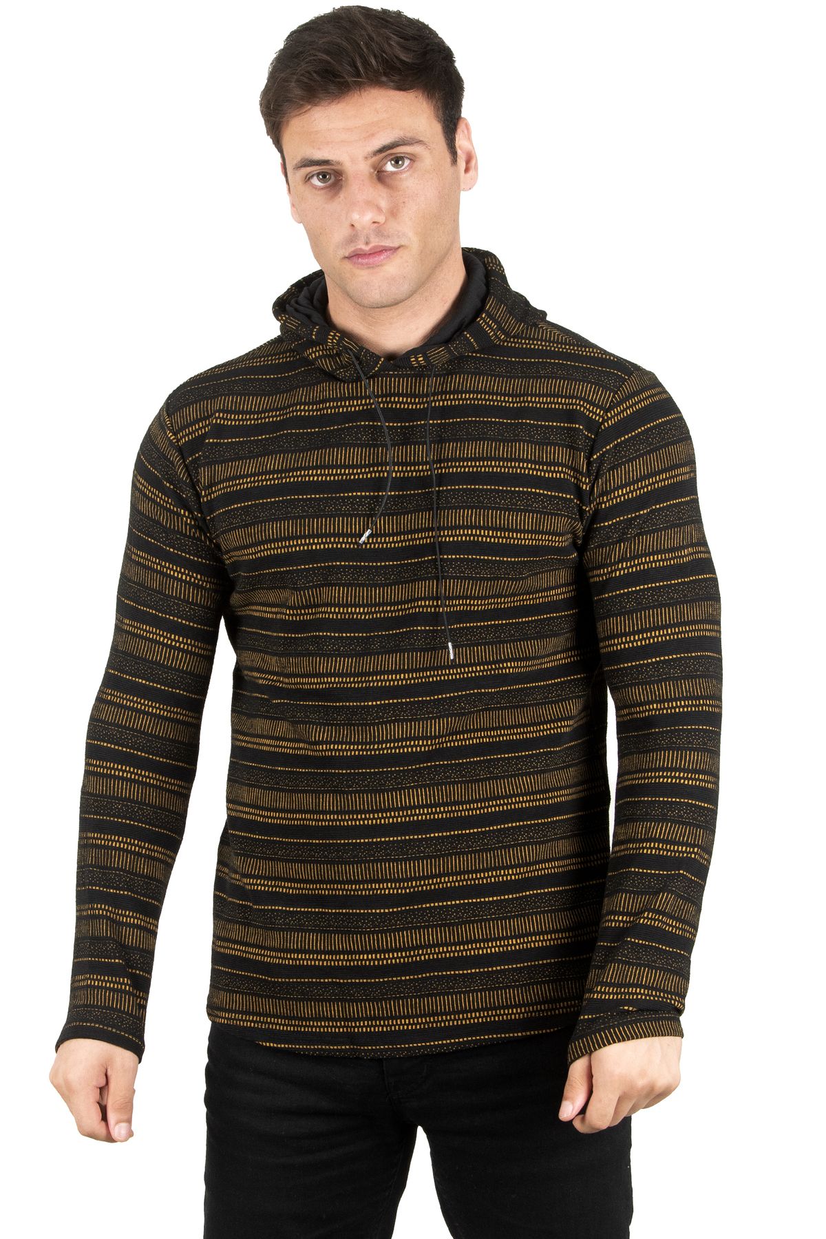 DeepSea Erkek Hardal Sarısı Çizgili Desenli Likralı Kapşonlu Sweatshirt 2300399