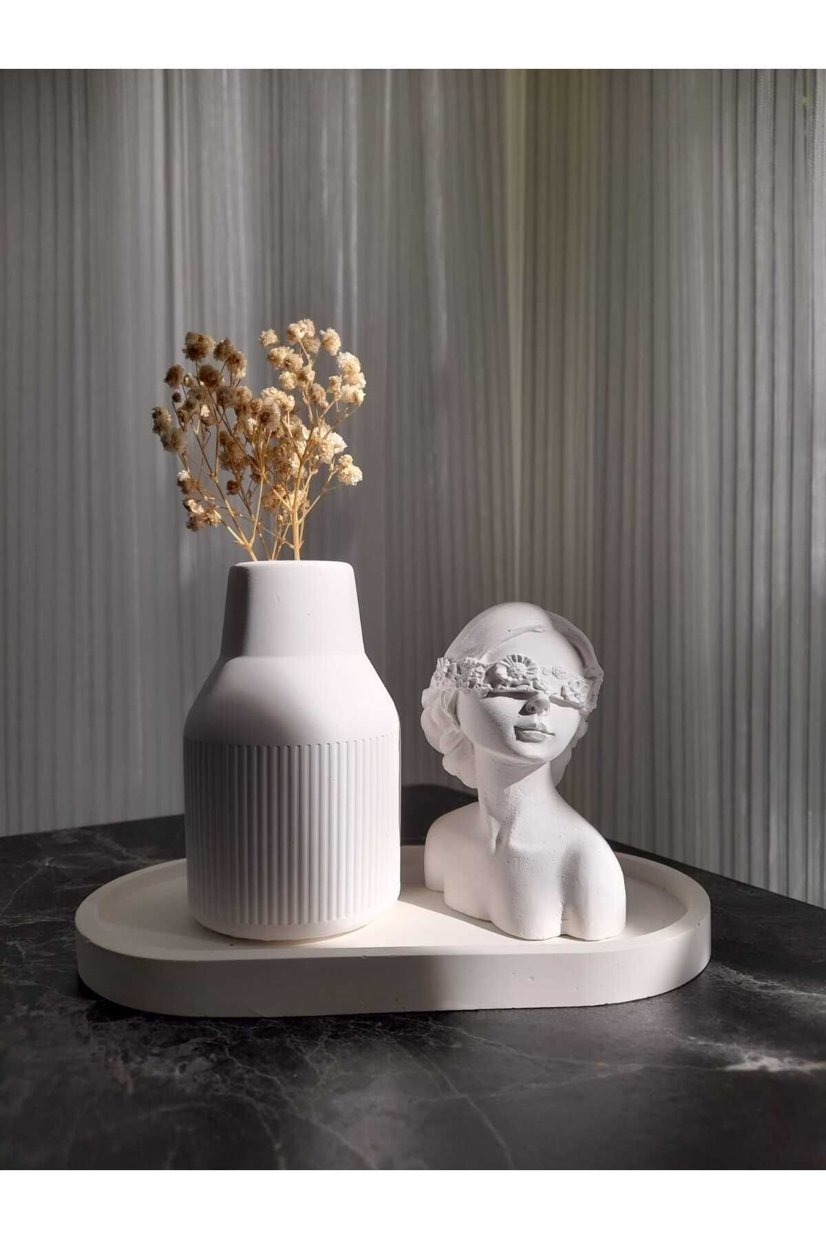 Havalı Tasarım Kadın Figürlü 3'lü Vazo Seti & Dekoratif Obje & Tabak & Oval Vazo & Biblo & Dekoratif Eşya