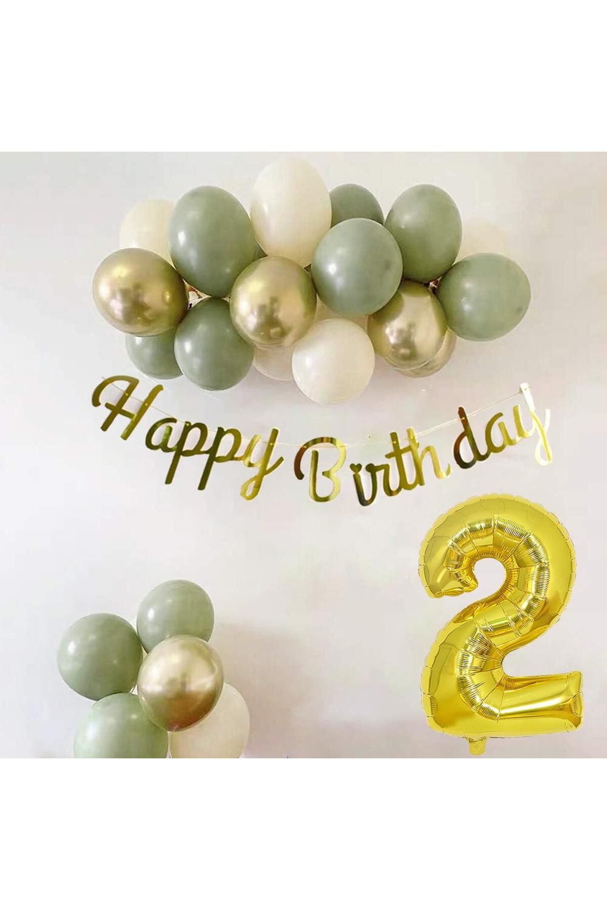 Patladı Gitti 2 Yaş Küf Yeşili Deniz Kumu ve Krom Gold Balonlu Konsept Doğum Günü Seti