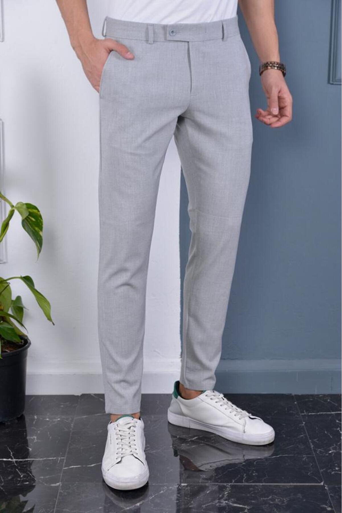 Bürke Erkek Gri Renk Italyan Kesim Kaliteli Esnek Likralı Bilek Boy Kumaş Pantolon