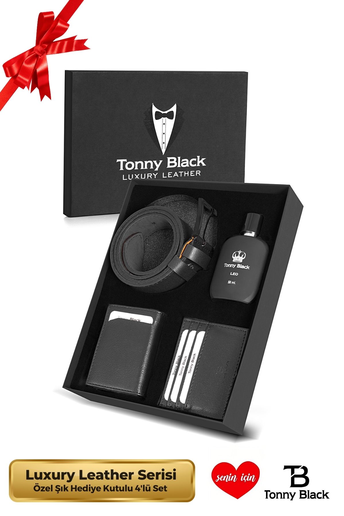 Tonny Black Erkek Özel Hediye Kutulu 4'lü Set Şık Deri Cüzdan Kemer Kartlık Parfüm Seti