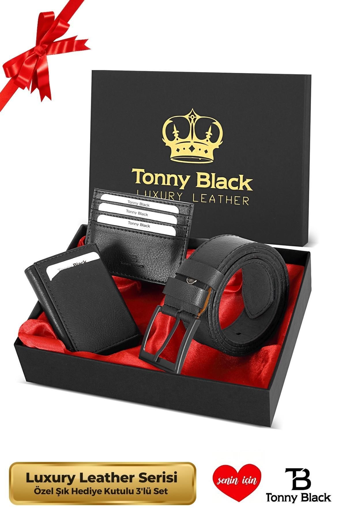Tonny Black Orijinal Erkek Özel Hediye Kutulu 3'lü Set Luxury Serisi Şık Mekanizmalı Cüzdan Kartlık Kemer Seti