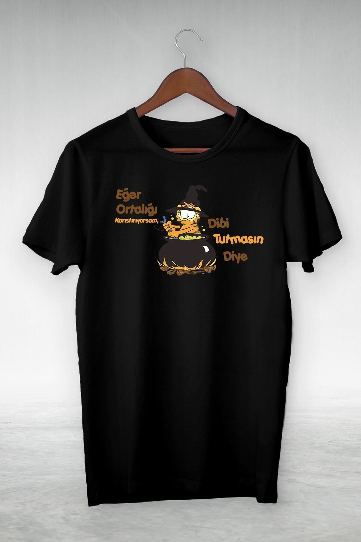 Genel Markalar Unisex Siyah Garfield Komik Yazılar Seri T-Shirt