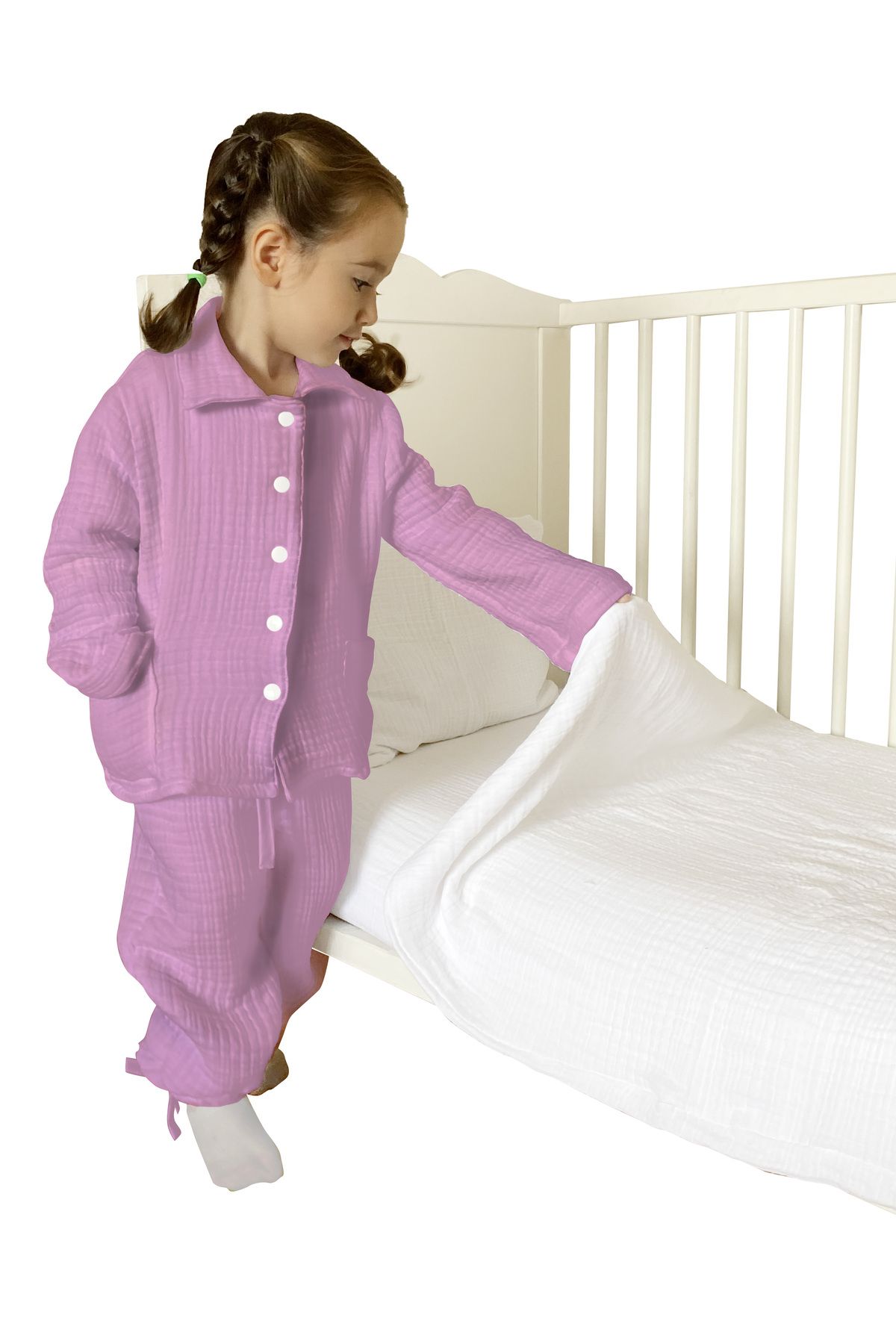 Joyous Mom Kids 4 Katlı Müslin Bebek Pijama Takımı Pamuklu Çocuk Pijama Takımı Baskısız Kışlık Muslin Pijama Takımı