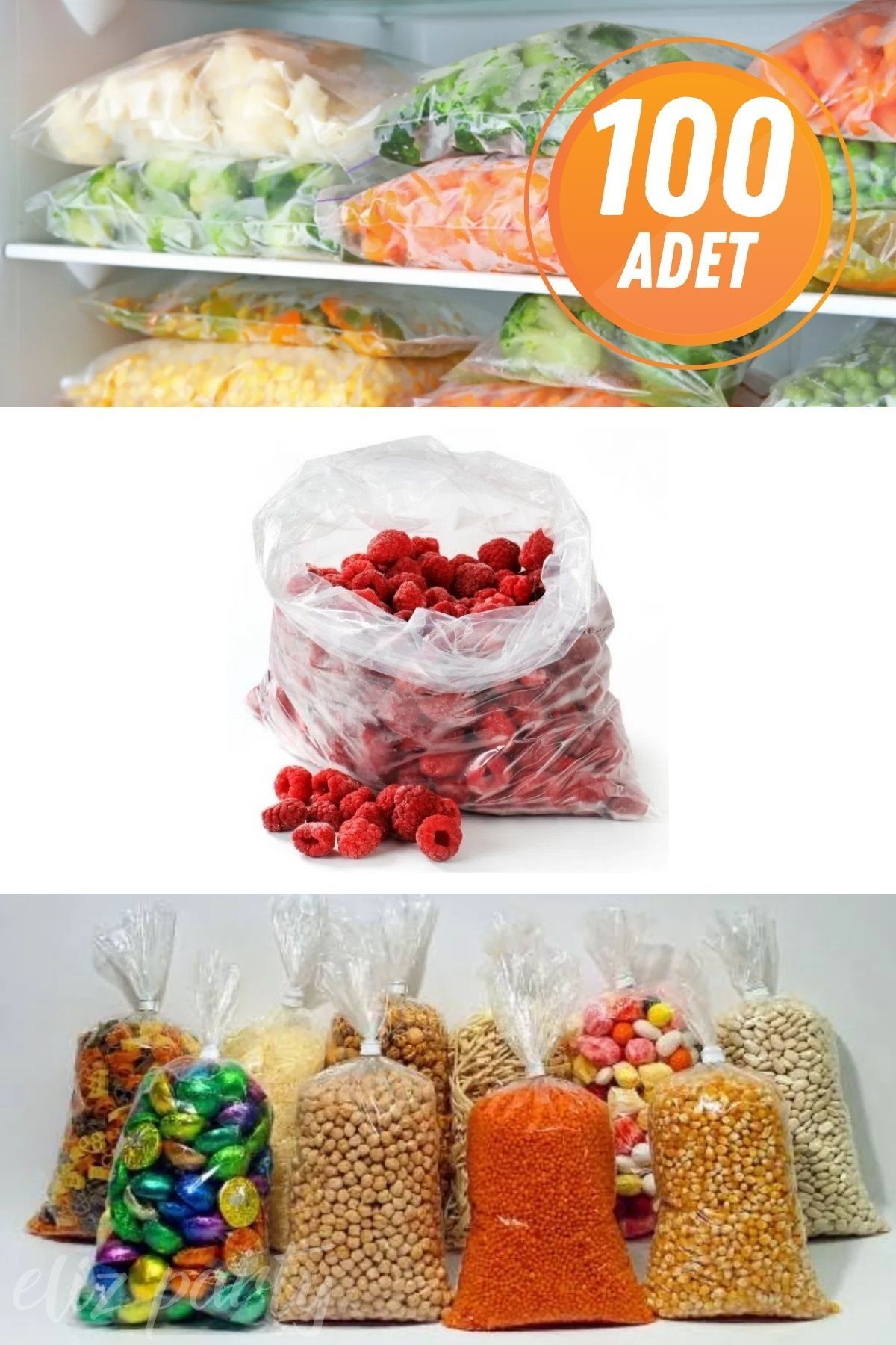 Eliz Party Naylon Torba 15x30cm Şeffaf Şeker Bakliyat Bakkaliye Torbası Dolap Poşeti Kalın 100 Adet