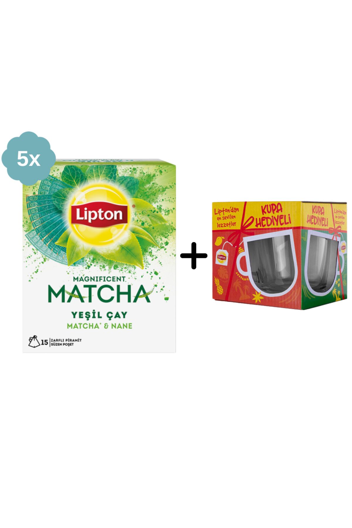 Lipton Matcha & Nane Bardak Bitki Çayı x 5 Adet + Hediye Lipton Cam Kupa