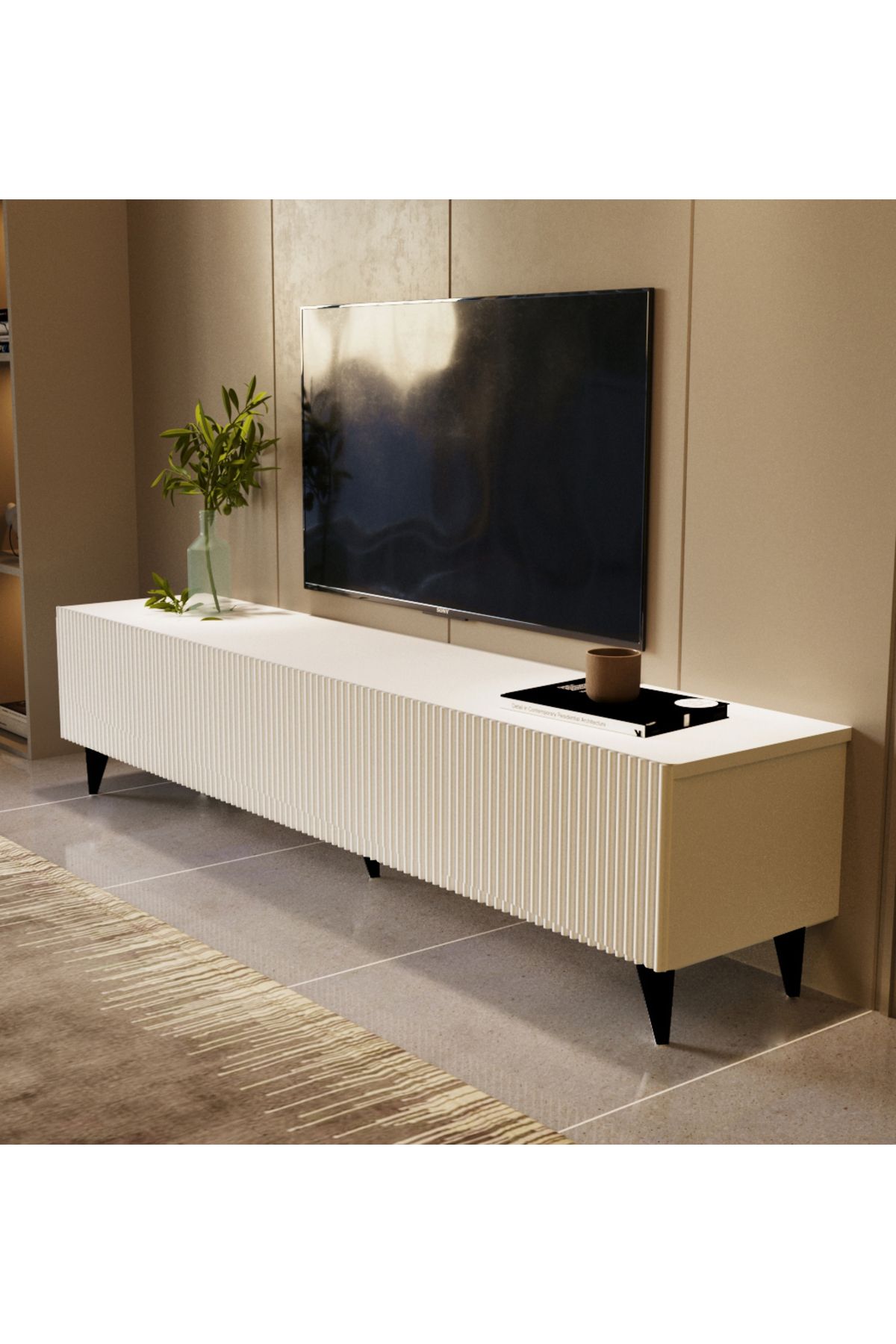 westau home Estetik ve Fonksiyonel Modern Çizgi Kapaklı Beyaz TV Sehpası 160x44x30